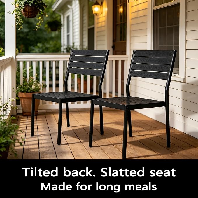 7-Piece Outdoor Dining Set for 6 Person with Black Wood-Grain Top | Armless Stackable Chairs with 19.4" Seat Depth, Aluminum Frame Dining Furniture with Umbrella Hole for Deck, Porch & Backyard