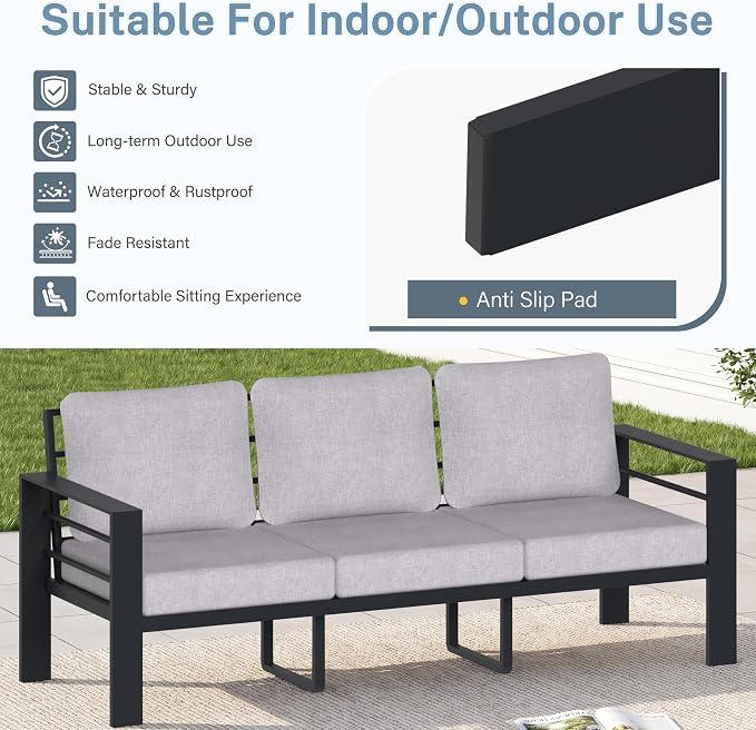 3-Seater Outdoor Patio Sofa, Metal Outdoor Couch with 3.54” Wide Seat and Thick Cushions, Modern Heavy Duty Patio Furniture for Backyard, Garden