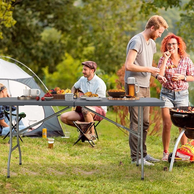 Giantex 6ft HDPE Folding Table, Outdoor Indoor Foldable Table with Metal Legs, Fold-in-Half Portable with Handle for Picnic, Camping, Banquet, Party Event (Gray)
