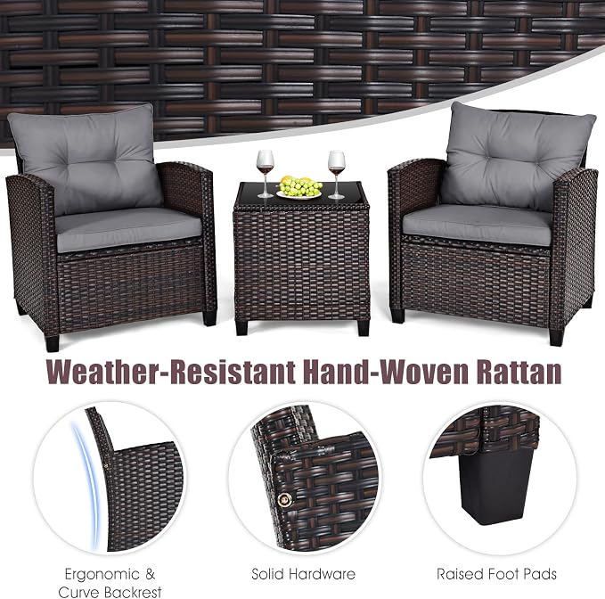 3-Pieces Patio Furniture Set, PE Wicker Chairs Sofa Set with Removable Cushions & Glass Top Side Table, Outdoor Wicker Rattan Conversation Chair for Porch,Backyard, Balcony (Grey)