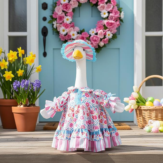 Soulchen 1 Set Summer Flower Porch Goose Outfit 23 Inch Wildflower Floral Cement Goose Clothes Dress and Hat Geese Costume Set for Summer Lawn Garden Yard Decor