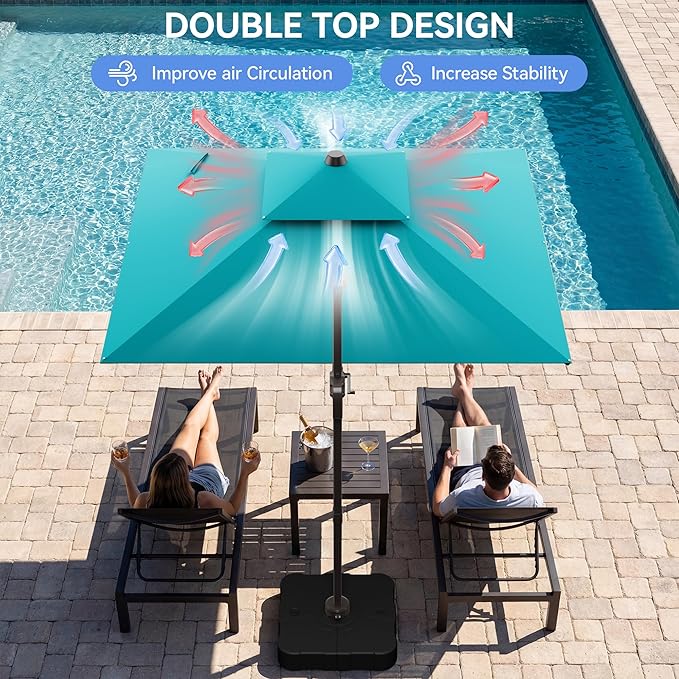 10x10FT Turquoise Cantilever Outdoor Patio Umbrella with Base, Large Square Offset Design, Double Top Heavy Duty Aluminum Frame & 360° Rotation for Pool Garden Deck Backyard