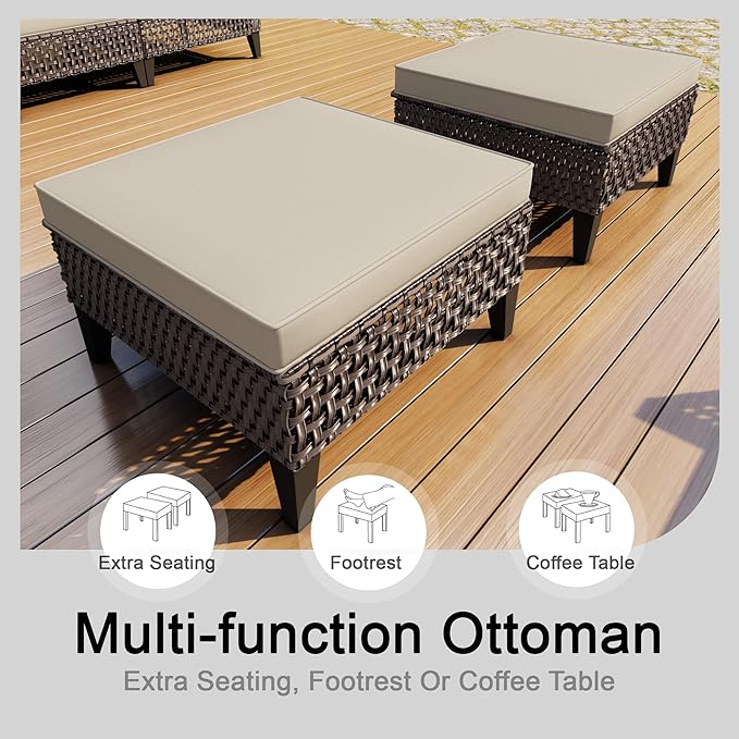 7 Pieces Patio Furniture Set, Outdoor Conversation Sets with Footstool, Wicker Rattan Sofa Couches Chairs Ottomans for Porch, Poolside, Deck, Balcony, Backyard, Yard, Garden (Beige Cushions)