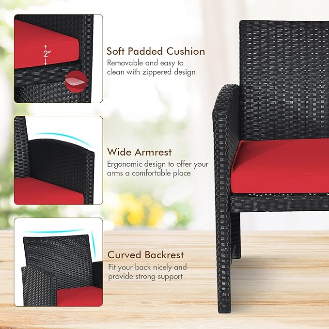 DORTALA 8 Pieces Patio Wicker Conversation Furniture Set, Outdoor Rattan Sofas with Bistro Sets with Coffee Table for Courtyard Balcony Wicker Chairs with Soft Cushion and Table, Red