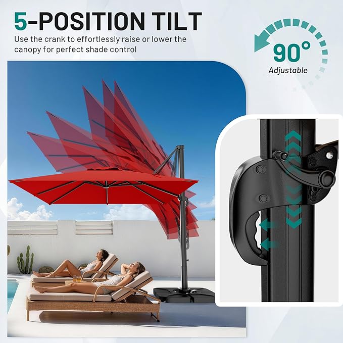 AreShark 10 X 10 FT Cantilever Patio Umbrella, 360-Degree Rotation Square Hanging Offset Umbrella with Crank, Heavy Duty Patio Umbrella for Patio, Pool, Garden, Deck, Red
