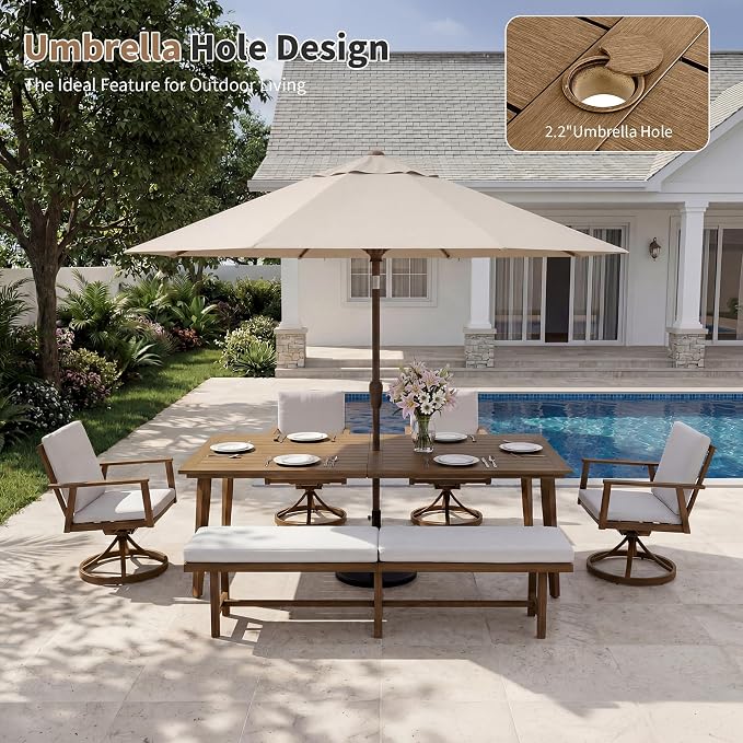 6-Piece Outdoor Table Set with 4 Swivel Chairs & 3-Person Bench, 8-Person Outdoor Rectangular Dining Table with Umbrella Hole, Patio Table Set with Chairs for Garden Backyard Proch, Teak