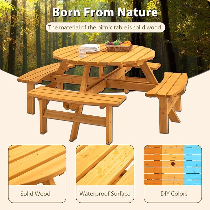 70 in. Round Wooden Picnic Table for 8 Persons with 4 Built-in Benches, 2220 lbs Capacity Outdoor Camping Dining Set for Garden, Patio, Backyard, DIY Natural Finish with Umbrella Hole