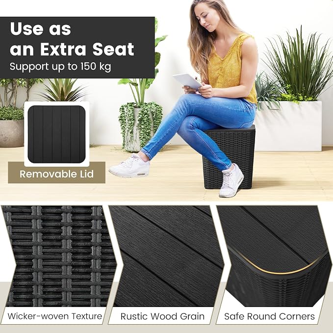 MEDIMALL Resin Wicker Patio Side Table with Lid, 11.5-Gallon Outdoor Deck Box with Concealed Storage Space, Small Square Coffee Table End Table for Porch, Garden, Poolside, Brown/Black (black)