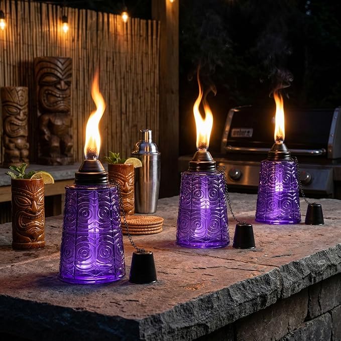 Seraphic Citronella Table Top Torches for Outdoor Patio, 16oz Decorative Glass Torch Citronella Candles for Outside Deck, Garden, Parties, Set of 3, Purple