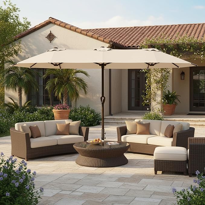 15FT Large Patio Umbrella with Base, Double Sided Rectangular Outdoor Umbrella with Sturdy Fiberglass Ribs, UPF 50+ Sun Protection, Wind-Resistant, Waterproof Fade-Resistant Fabric for Pool, Garden, Backyard, Deck(Beige)