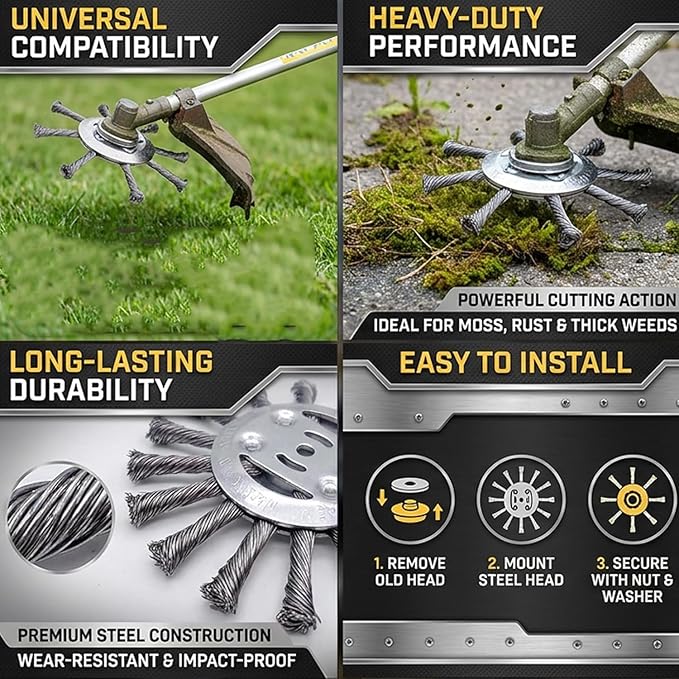 Voltriox Trimmer Head for Weed Eater, Heavy Duty Wire Brush Cutter Attachment with Adapter Kit, Weed Removal Tool for Grass, Moss, Pavement Cracks and Yard Maintenance, Fits Trimmers (2PCS)