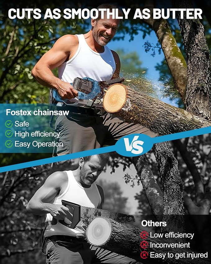 Fostex 6 Inch Cordless Mini Chainsaw, Handheld Electric Chain Saw with 2×2000mAh Batteries & 2 Chains, Lightweight Battery Powered Saw for Tree Trimming, Branch Pruning, Gift for Dad, Husband (Blue)