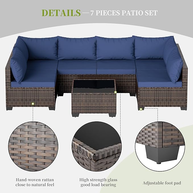 7 Pieces Patio Furniture Set - Outdoor Sectional Wicker Rattan Furniture with Cushion and Glass Table Patio Conversation Sets for Porch Poolside Backyard Outdoor Sofa Set Modular Sofa