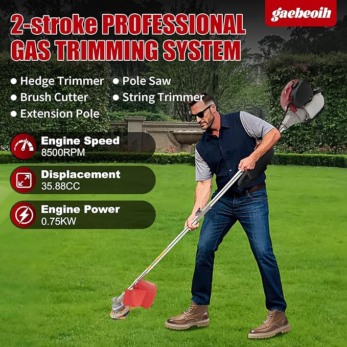 35.8CC Gas Weed Wacker, 2-Stroke String Trimmer/Edger Single Cylinder Air Cooled Engine Multi Purpose Gas Powered Weed Trimmer with Straight Shaft Lawnmower Strings for Home Lawn Tea Garden