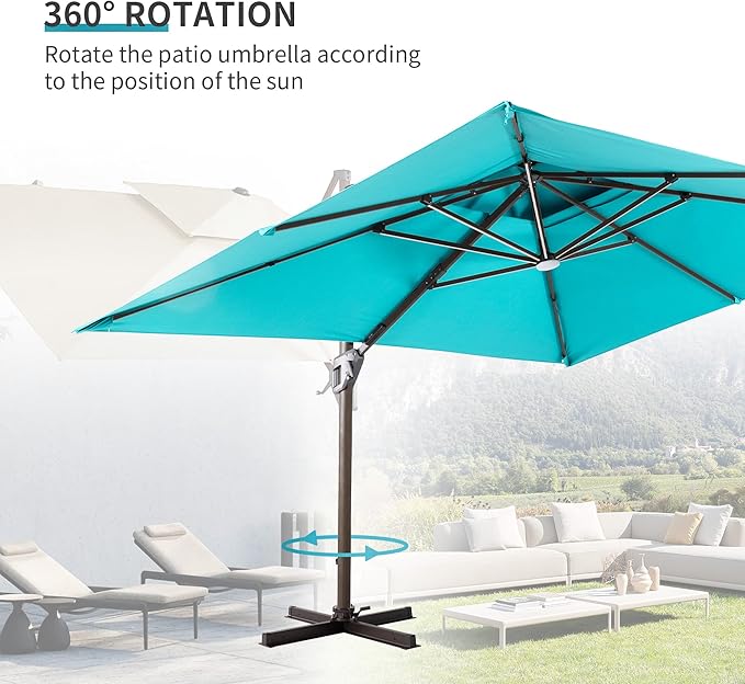 JZAC & QZYD 9x12 FT Outdoor Cantilever Patio Umbrella with LED Lights, Large Heavy Duty 2-Tier Aluminum Offset Umbrellas with 360-Degree Rotation for Pool Deck, Turquoise