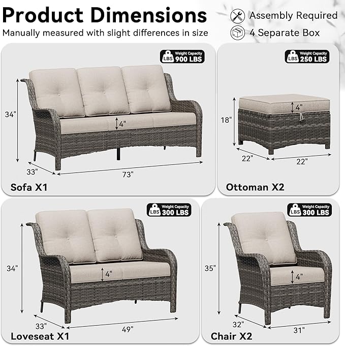 6 Piece Outdoor Wicker Patio Furniture Set, Patio Chairs Set with Thickened Olefin Cushions, High Back and Deep Seating, Hand-Woven PE Rattan, Ottoman for Porch, Deck