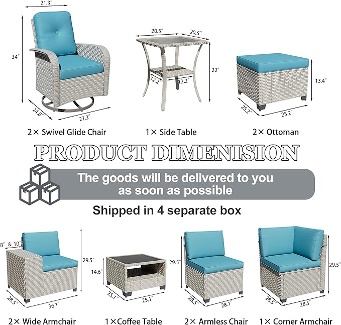 11-Piece Outdoor Patio Furniture Set, Modular Sectional Sofa Set with Swivel Rocker Chairs & Ottomans, Wicker Outdoor Couch Conversation Sets w/Coffee Table and Cushions, Turquoise