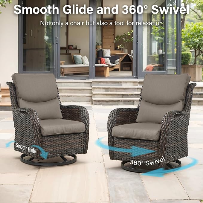 Outdoor Swivel Rocker Patio Chairs Set of 4 with Ottoman Coffee Table - 5" Thick Cushion 8 Piece Furniture Set All Weather Comfortable Wicker Conversation Set for Porch Deck - Brown/Gray
