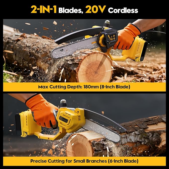 Mini Chainsaw Cordless for Dewalt 20V MAX Battery,8-Inch and 6-Inch 2-IN-1 Brushless Chainsaw with 750W Brushless Chain saw - 24.6FT/S Cutting, 4000RPM, for Wood Cutting(Battery Not Included) (Yellow)