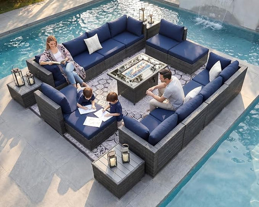 NICESOUL 15 Piece Outdoor Sectional with Fire Pit Table, Modern Luxury Patio Deep Seating w/Firepit, 29.3'' High-Back Wicker Couch Thick, Big High-Weight Capacity Sofa for Terrace, Yard, Gray & Blue