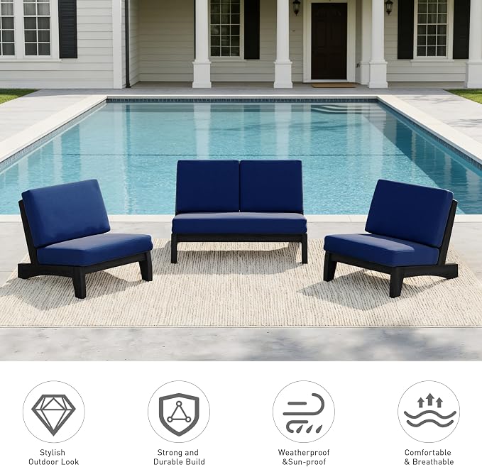Pia Ricoo 4 Piece Patio Furniture Sets, Outdoor Furniture with 2 Chairs & Coffee Table, Patio Conversation Set for Backyard, Deck, Lawn, Navy, Dark Wood