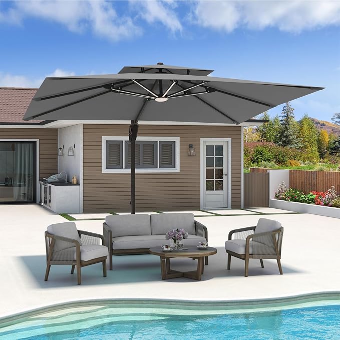 10x13 FT Cantilever Patio Umbrella with Base and Led Lights Double Top Outdoor Rectangular Large Heavy Duty Aluminum Offset Umbrellas with 7 Level Tilt 360-degree Rotation for Pool Garden Deck, Grey
