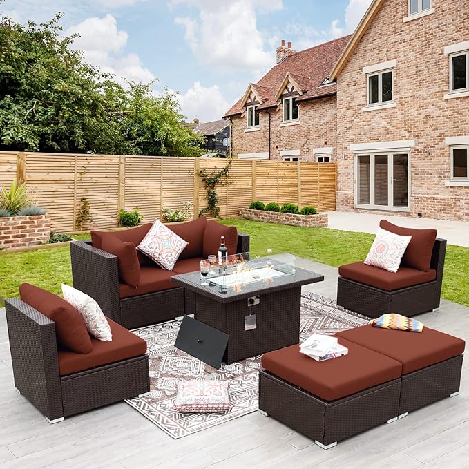 NICESOUL 7 Piece Outdoor Sofa Sectional with Firepit Natural Gas & Propane, Extra Large Patio Furniture Set for Heavy People, Deep Modular Wicker Conversation Sitting, Brown Rattan and Red Cushion