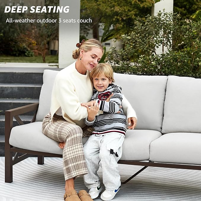 NATURAL EXPRESSIONS Patio 3 Seater Sofa Patio Furniture Set Outdoor Deep Seating Couch with 6.5'' Thick Olefin Cushion,High Back Metal Frame for Garden,Front Porch, Deck, Balcony, Backyard