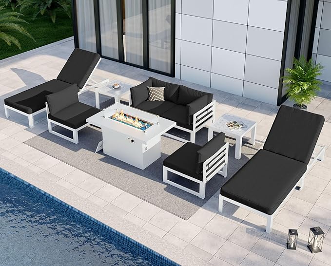 NICESOUL 9 Piece Modern Aluminum Outdoor Patio Furniture Set with Lounger & Fire Pit Table, Extra Large All-Weather Modular Sectional Couch, 29" Wide Deep Seating Conversation Sofa for Poolside, Black