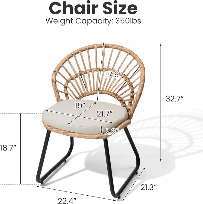 Boho Patio Dining Chairs Set of 4, Hand-Woven Rattan Outdoor Chair | Shell Shaped Back with 2.6” Beige Cushion, Sled Metal Frame Patio Side Chairs for Garden Backyard Porch