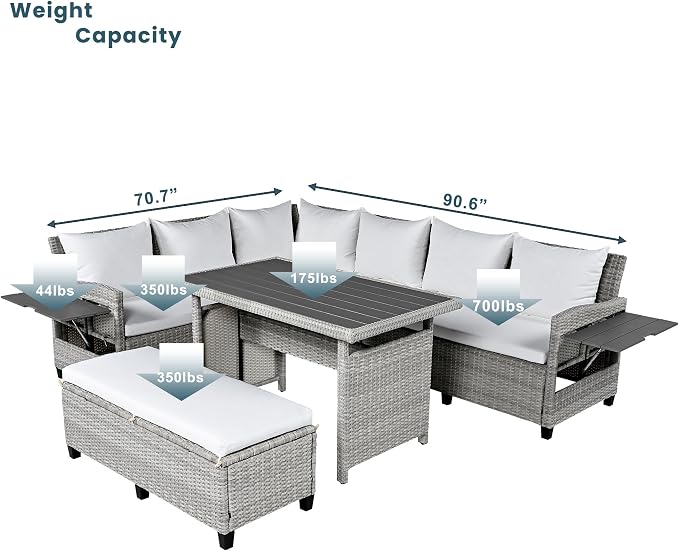 GDFStudio Brava Patio 5-Piece Conversation Set, Outdoor Rattan Sectional Sofa Set with Extendable Side Tables, Dining Table and Bench, L Shaped PE Wicker Furniture Set for Garden, Poolside, White