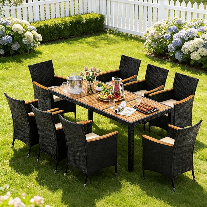 COSTWAY 9-Piece Patio Dining Set for 8, Outdoor Rattan Wicker Table and Chairs Furniture Set with Umbrella Hole, Acacia Wood Tabletop for Backyard, Balcony, Poolside, Black & Beige