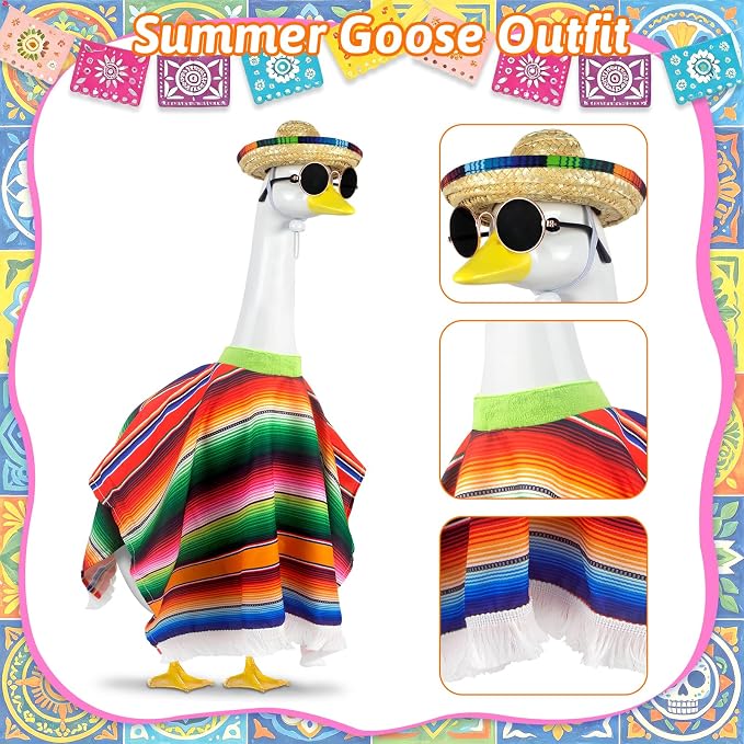 Cinco De Mayo Porch Goose Outfits, Mexican Outfit Fits 17 23 Inch Statue | Summer Goose Clothes with Hat, Serape Striped Poncho and Sunglasses for Outdoor Garden Yard Lawn Patio Decor