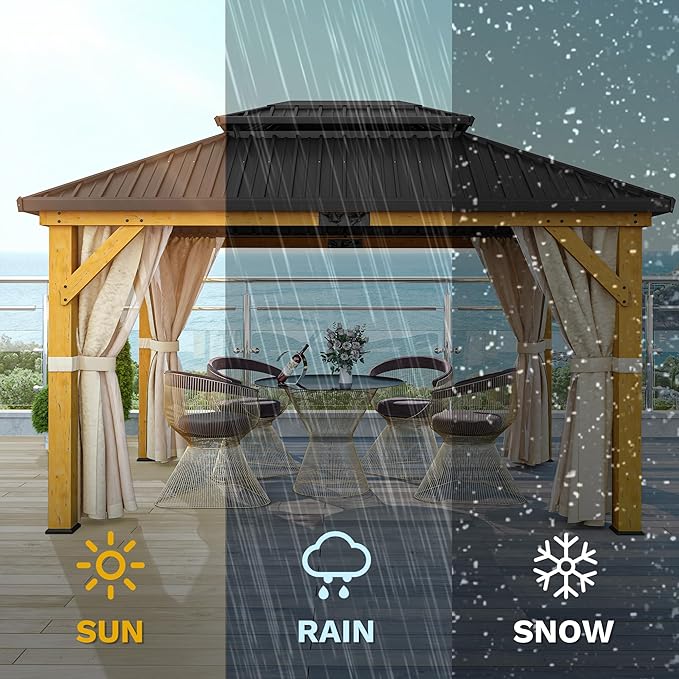 DWVO 11X13FT Gazebo Wood Outdoor Wooden Frame Double Roof Hardtop Galvanized Steel Top Canopy w/Curtain and Netting, Patio Heavy Duty for Deck, Backyard, Beige Yellow