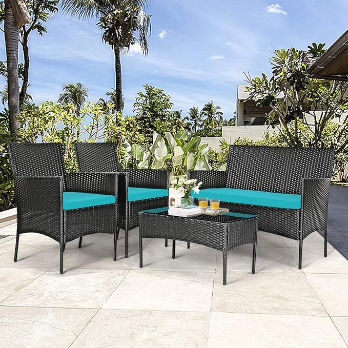 HAPPYGRILL 4 Pieces Patio Furniture Set Rattan Wicker Conversation Set with Tempered Glass Top Table, Outdoor Wicker Sofa Set with Removable Cushions for Poolside Garden Backyard