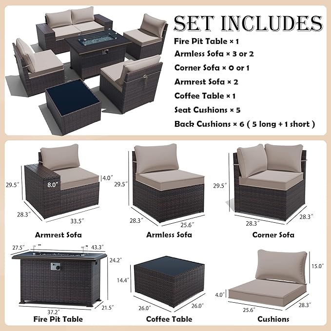 Gotland 7 Pieces Patio Furniture Set with 55000BTU Fire Pit Table, Wicker Patio Set with Wide Armrests 29.5'' High Backrest Thick Cushions 1 Coffee Table, Outdoor Furniture for Porch Deck Khaki