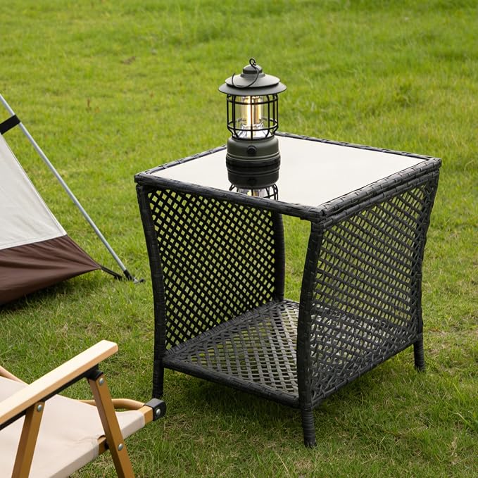 Kinfant Outdoor Wicker Side Table with Tempered Glass Top, 17.7" Square Patio End Table with Storage Shelf, Weather-Resistant Rattan Table for Balcony, Porch, Deck, Garden, Easy Assembly