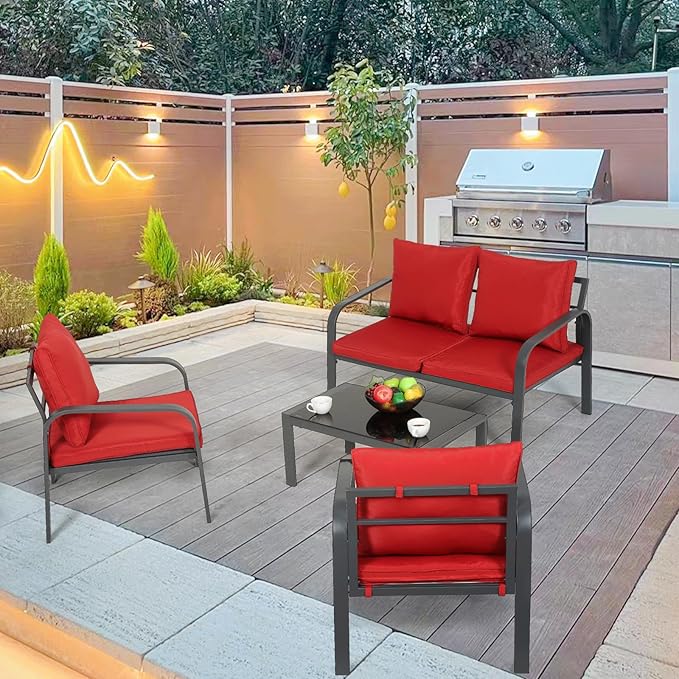 MoNiBloom 4 Pieces Outdoor Patio Furniture, All Weather Conversation Set with Tempered Glass Coffee Table for Garden Backyard Porch Balcony Poolside Deck Lawn, Loveseat Couch and Chairs with Cushions