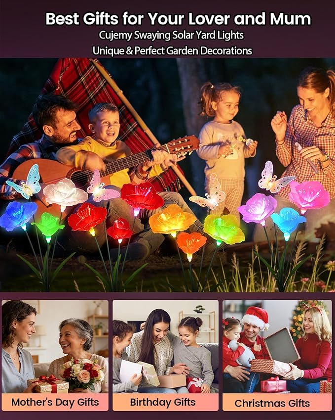 Solar Garden Lights Outdoor Waterproof 2 Pack Swaying Butterfly Light with 7- Color Changing Rose Flowers Solar Lights for Outside Garden Decor Lawn Yard Patio Path,Gifts for Mother's Day Women
