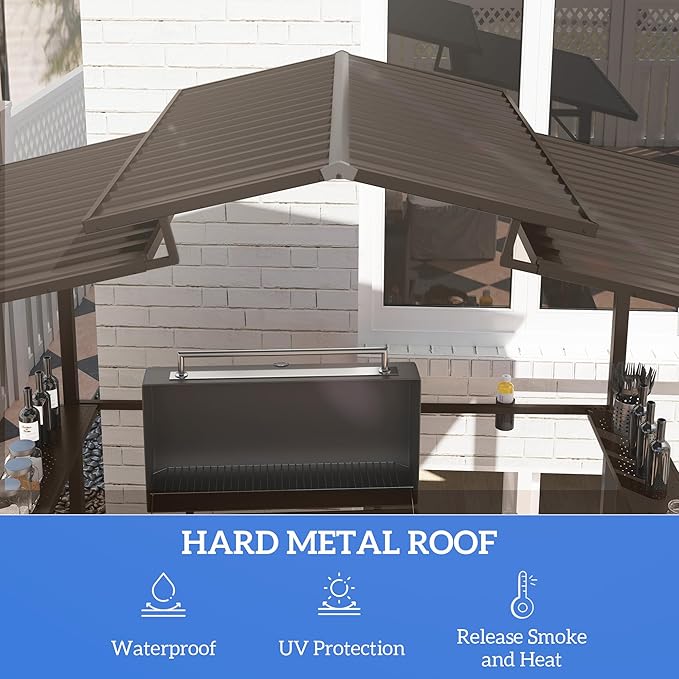 Outsunny 8' x 5' Hardtop Grill Gazebo with Double Metal Roof, 2 Side Shelves and 4 Cup Holders, Outdoor BBQ Gazebo, Grill Canopy for Patio Backyard Lawn Deck