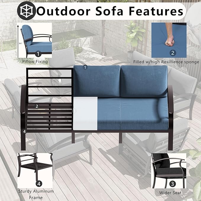 Patio Furniture Set 6-Piece Aluminum Armrest Sofa, All-Weather Patio Conversation Set with Tempered Glass Top Table & Removable Sponge Cushions for Backyard Poolside