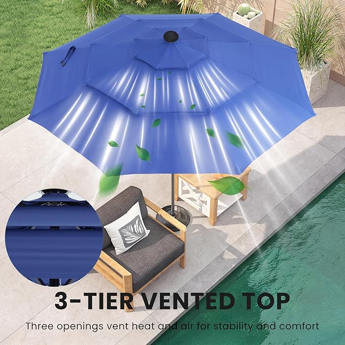DUMOS LED Outdoor Patio Umbrella 10 FT UV-Resistant Market Umbrella with Tilt Adjustment & Crank Lift, All-Weather Shade for Backyard, Deck, Garden, Beach