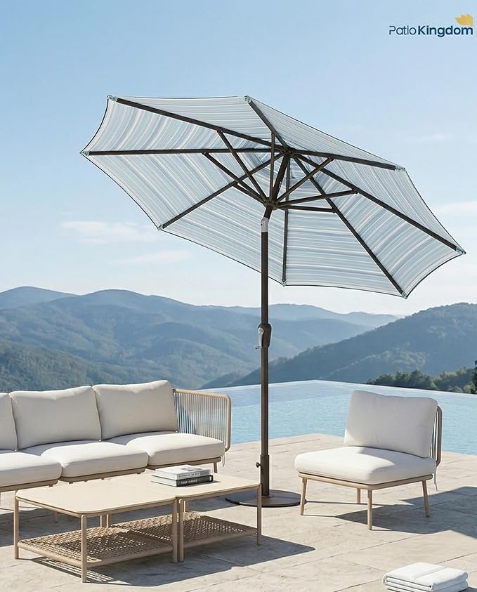 PatioKingdom Auto-Tilt 9FT Patio Umbrella Outdoor with 8 Sturdy Fiberglass Ribs,Market Table Umbrella for Pool,Backyard,Deck and Garden