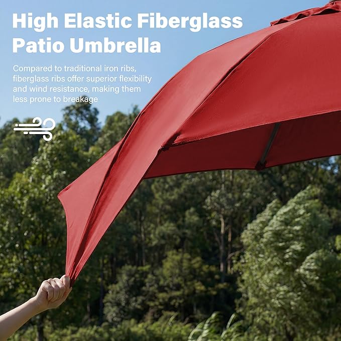 JEAREY 9FT Outdoor Patio Umbrella,Market Table Umbrella with 8 Fiberglass Ribs, Pool Umbrella with Tilt and Crank, UV Protection Lightweight & Wind-Resistant for Lawn, Garden, Deck and Backyard, Red