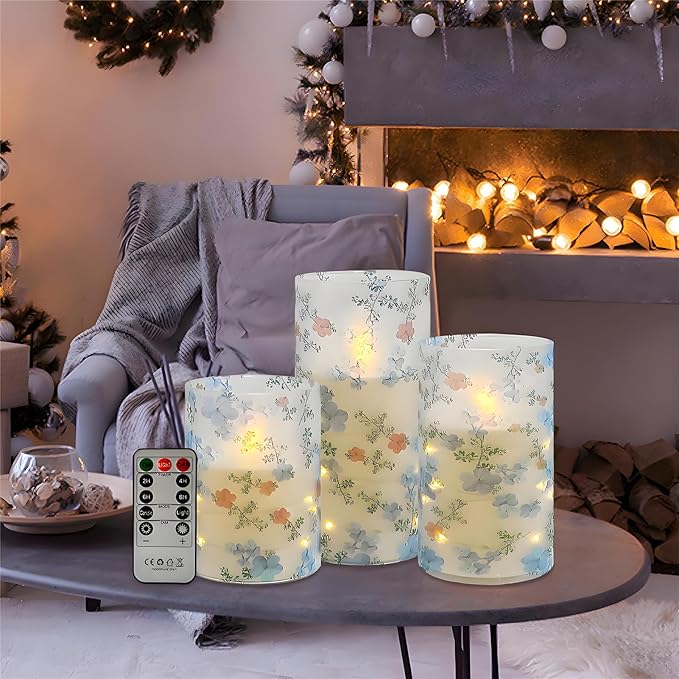 Printed Flameless Candles with String Lights - Set of 3 Battery Operated Candle Flickering Floral LED Pillar Candles with Timer Remote for Home Decor Romantic Ambiance,LT