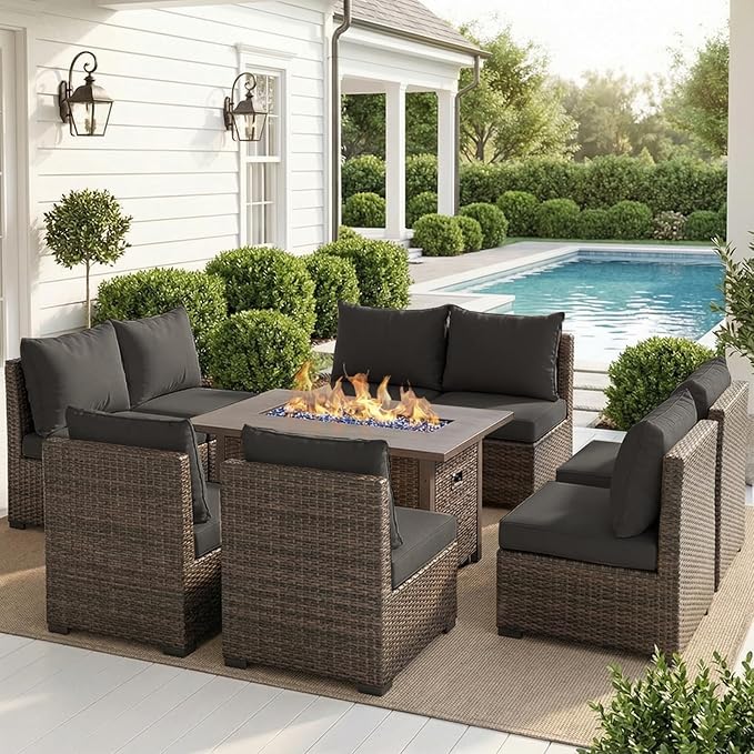 Patio Furniture Set with Fire Pit Table, Outdoor Sectional Rattan Sofa Set, Patio Set Seating Furniture with Thickened Cushions (Black, 9 Pieces)