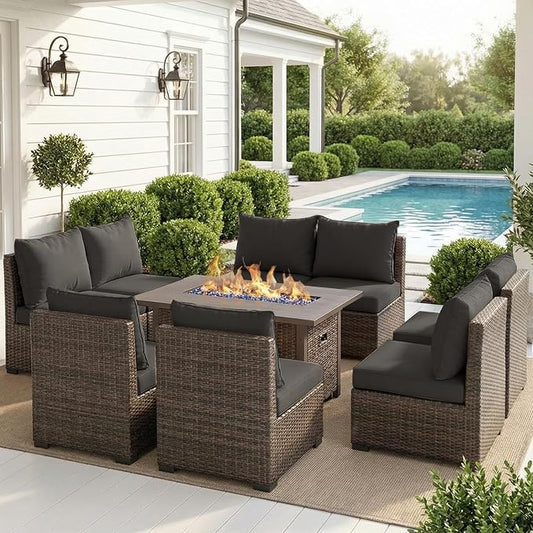 Patio Furniture Set with Fire Pit Table, Outdoor Sectional Rattan Sofa Set, Patio Set Seating Furniture with Thickened Cushions (Black, 9 Pieces)