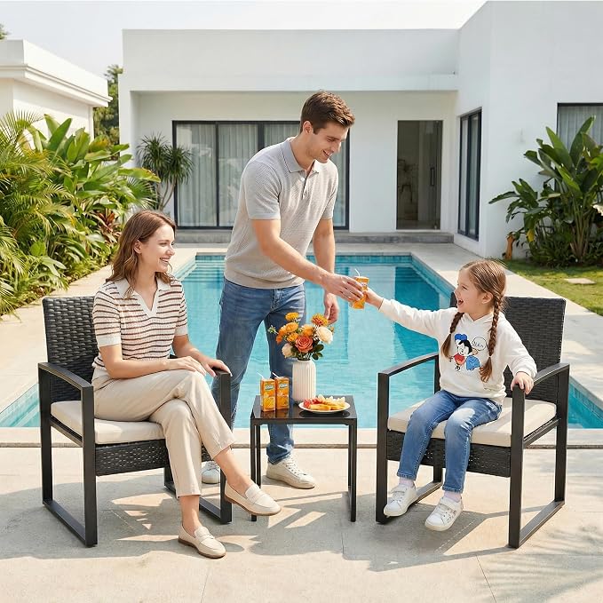 IDEALHOUSE 3 Piece Outside Patio Furniture Set, Outdoor Wicker Chair Conversation Set with Glass Coffee Table, PE Rattan Patio Furniture for Backyard, Porch, Patio, Poolside (No Rocking)