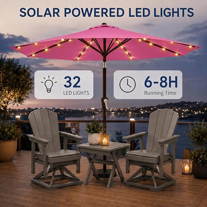 10FT Solar Patio Umbrella with Lights, Outdoor Table Market Umbrella with 32 LED Lights, 8 Sturdy Ribs, Push Button Tilt and Crank for Pool, Deck and Garden, UV-Resistant