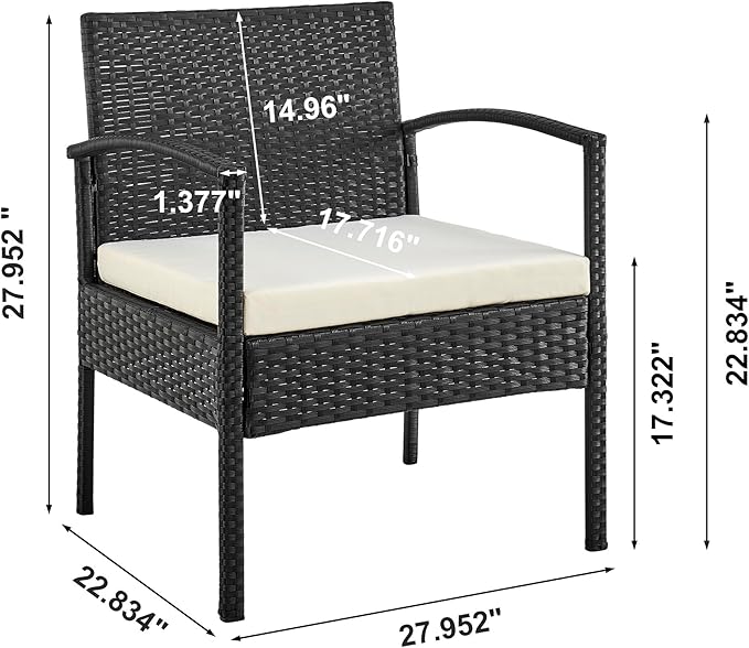 Manhattan Comfort Noli 3-Piece Patio Conversation Set, Outdoor Furniture Made of Steel Rattan | Includes 2 Modern Armchairs, Tempered Glass End Table, Removable Waterproof Cushions, Cream